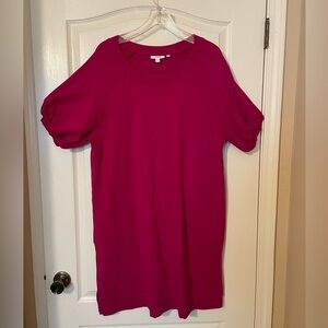 CHICO'S Puff Sleeve Dark Pink Sweatshirt Dress Size 3 (XL) Pockets Midi Casual